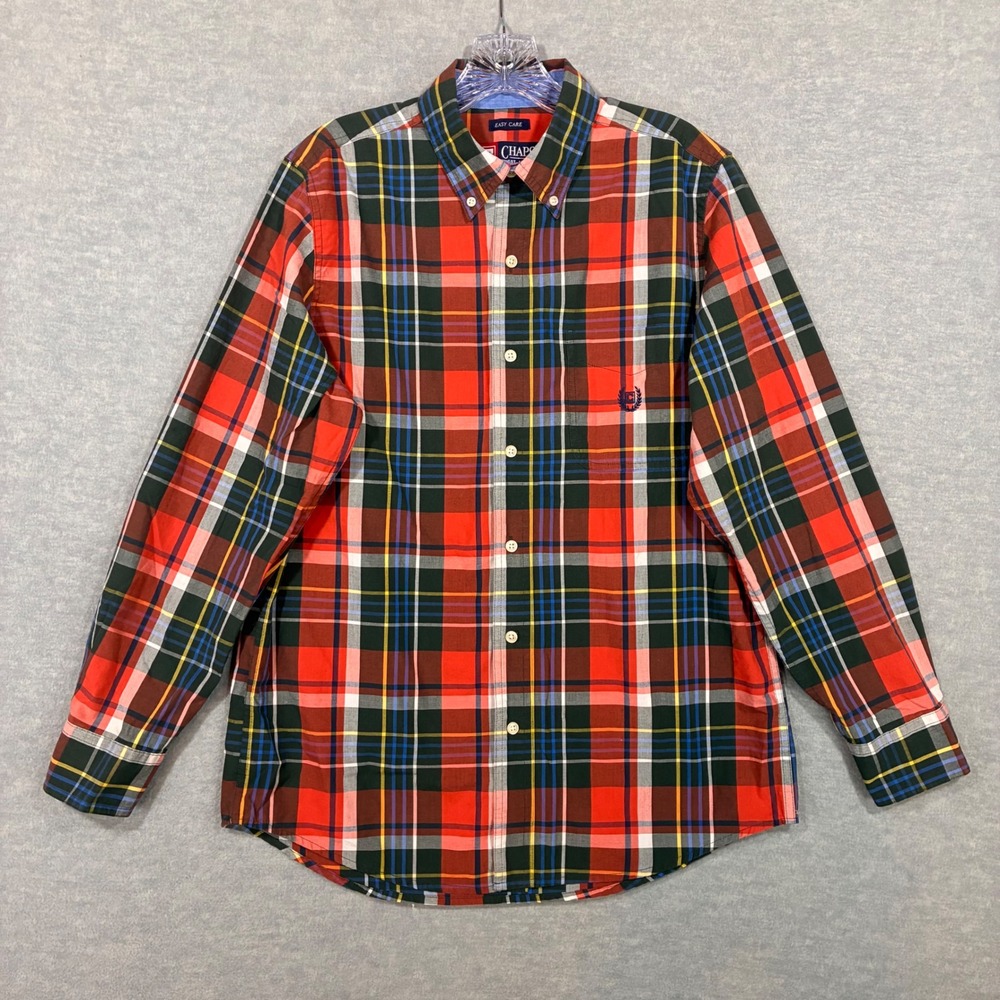Chaps Mens Easy Care Plaid Button Down Shirt Red Green Multicolor Small